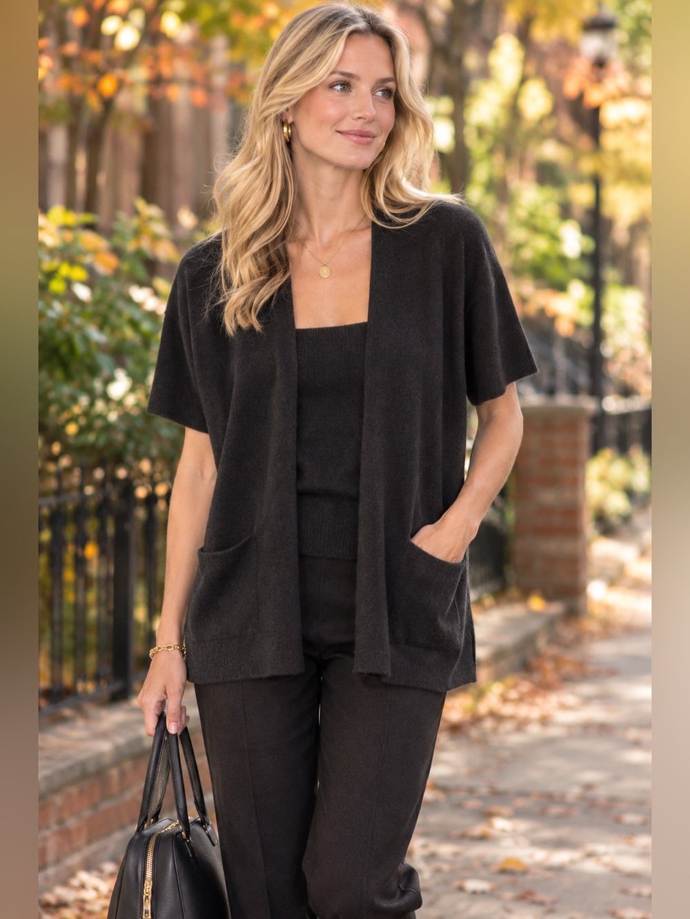 CYNTHIA ROWLEY 100% Cashmere Open-Front Short-Sleeve Cardigan